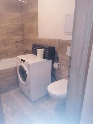 a bathroom with a washing machine and a toilet at Brand new two room apartment #64 in Elite Rezidence with free secure parking in Prague