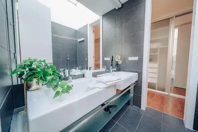a bathroom with two sinks and a large mirror at Design 3BD apartment cooking area in architect villa in Prague
