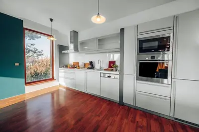a kitchen with white cabinets and stainless steel appliances at Design Architect Villa with 2 Apartments in Prague