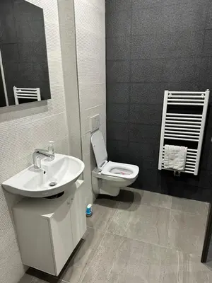 a bathroom with a white sink and a toilet at Byt apartman 2rooms 76m2 all new in Prague