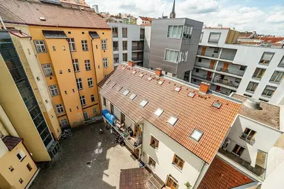an overhead view of a city street with buildings at Cosy studio with terrace by tram in Prague