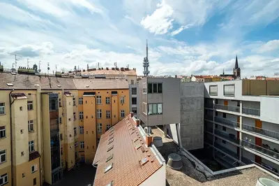 an aerial view of a city with buildings at Bright 2 bed with big terrace by tram in Prague