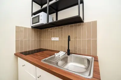 a kitchen counter with a sink and a microwave at Modern studio with balcony + TV in Prague