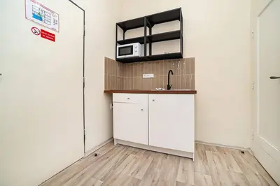 a kitchen with a sink and a microwave on a wall at Modern studio with balcony + TV in Prague