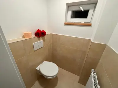 a bathroom with a white toilet and a window at Amazing Apartment Zborovska in Prague