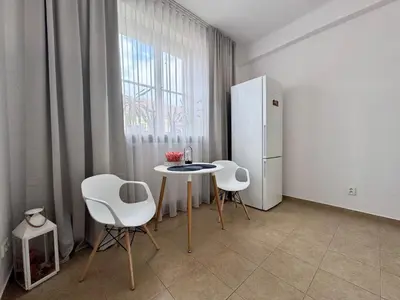 a kitchen with a table and chairs and a refrigerator at Apartmán Dlouhá 207 in Litoměřice