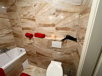 a bathroom with a toilet and a bath tub at Cute Apartment Zborovska in Prague