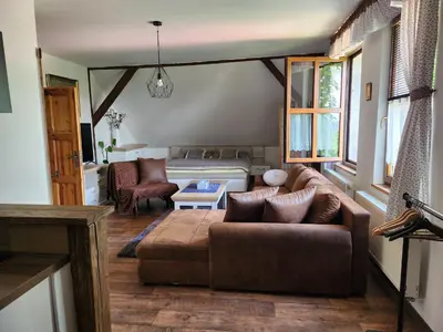 a living room with a couch and a table at Hospůdka Na Trucovně in Sázava
