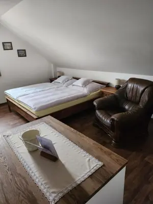 a bedroom with a bed and a couch and a table at Hospůdka Na Trucovně in Sázava