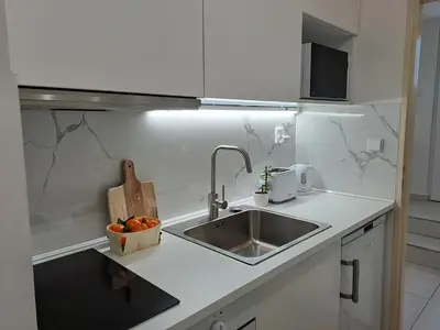 a kitchen with a sink and a counter top at Apartmánový dům se zahradou v klidné části Prahy in Prague