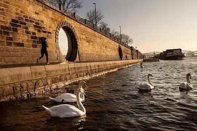 a view of a river with a bridge in the background at SMÍCHOV Riverfront Apartment Prague 5, Near Anděl in Prague