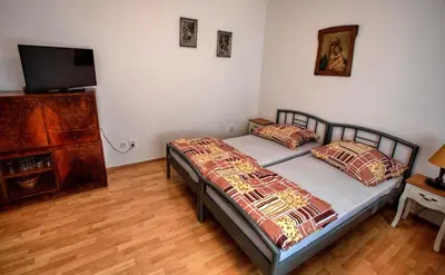 a bedroom with two beds and a flat screen tv at Garden in the city in Prague