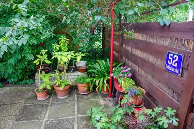 a garden with potted plants and a sign on a fence at Garden in the city in Prague
