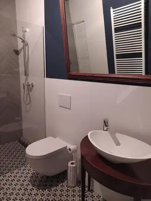 a bathroom with a sink and a toilet and a mirror at Pod hradbami Křivoklát in Křivoklát