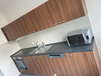a kitchen with a sink and a microwave at Newly refurbished central in Prague