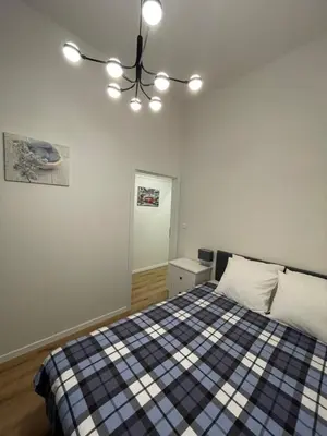 a bedroom with a bed and a ceiling fan at Andrews Cosy Apartment in Prague