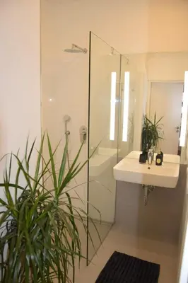 a bathroom with a glass shower and a sink at Apartment DeLuxe in Prague