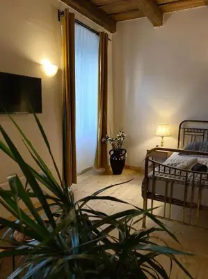 a bedroom with a bed and a potted plant at Apartment DeLuxe in Prague