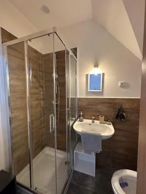 a bathroom with a sink and a shower at Penzion Arendel in Líšnice
