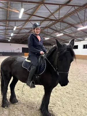 a woman is sitting on a black horse at Penzion Arendel in Líšnice