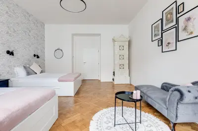 a kitchen and dining room with a table and a window at Cool & Charming Apt in city center - lub5 in Prague