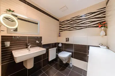 a bathroom with a sink and a toilet and a mirror at Krásné ubytování s balkonem in Prague
