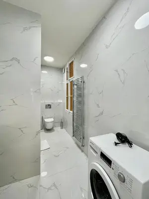 a white bathroom with a washing machine in it at Masná 20C- Old Town Residence in Prague