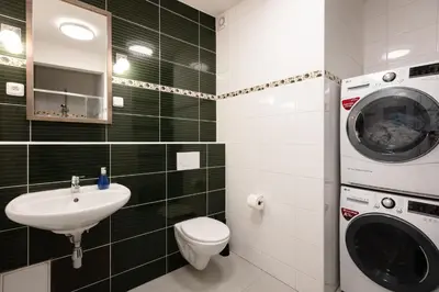 a bathroom with a washing machine and a sink at Cozy Studio in quiet courtyard near Charles Bridge in Prague