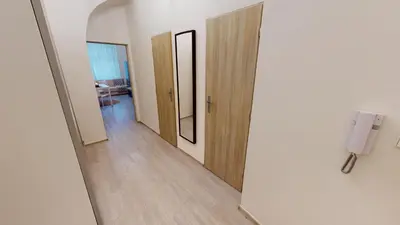 a hallway with three doors and a mirror at Viaducto de Karlín - Aparment in Prague