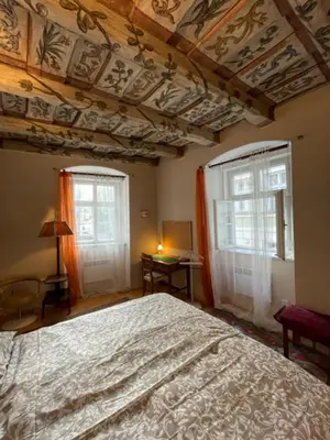 a bedroom with a large bed and a coffered ceilings at 1 Bed Flat - Sleeps 2 - Pets - Wifi in Prague
