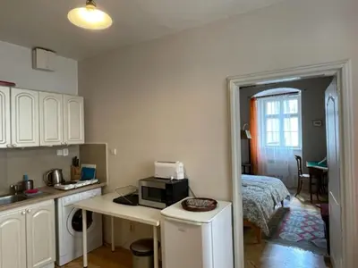 a kitchen with a microwave and a bed in a room at 1 Bed Flat - Sleeps 2 - Pets - Wifi in Prague