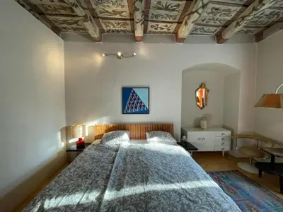 a bedroom with a large bed and a coffered ceiling at 1 Bed Flat - Sleeps 2 - Pets - Wifi in Prague