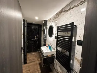 a bathroom with a sink and a shower at Grand Viceroy Apartments - Gothic Tower View in Prague