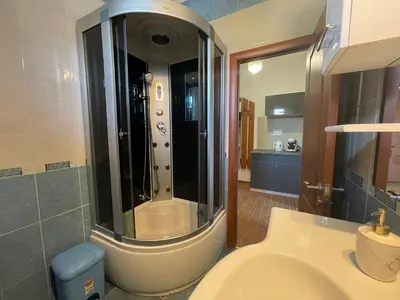 a bathroom with a shower and a toilet and a sink at Báječné ubytování ve vile s bazénem a terasou v praze in Prague