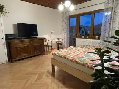 a bedroom with a bed and a flat screen tv at Apartment Garden in Prague