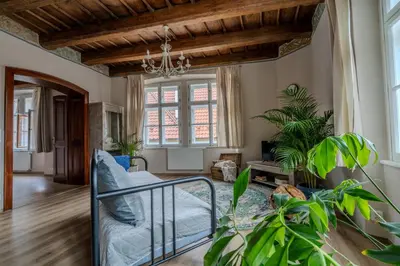 a living room with a bed and plants at Charles Bridge Prague Apartment in Prague