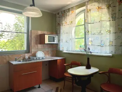 a kitchen with a sink and a table and a window at Vila u Prahy,v prirode,jezero Lhota in Lhota