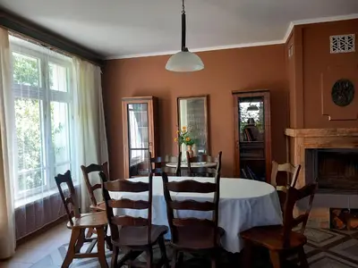 a dining room with a table and chairs and a fireplace at Vila u Prahy,v prirode,jezero Lhota in Lhota