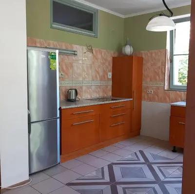 a kitchen with wooden cabinets and a stainless steel refrigerator at Vila u Prahy,v prirode,jezero Lhota in Lhota