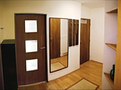 a room with a wooden door and a mirror at Apartment Pod Sychrovem in Prague