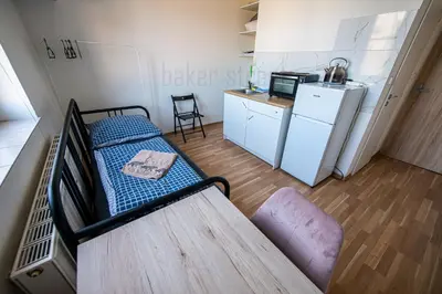 a small room with a bed and a refrigerator at Snug room close to metro Palmovka in Prague