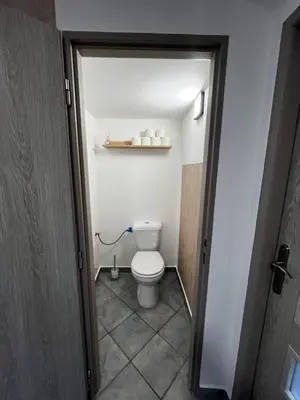 a bathroom with a white toilet in a room at Apartmány Polepy in Polepy