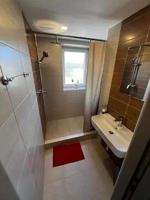 a bathroom with a shower and a sink and a window at Apartmány Polepy in Polepy