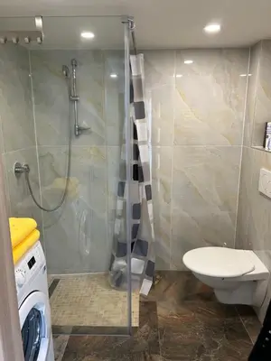 a bathroom with a shower and a toilet and a washing machine at Zahradní dům in Prague