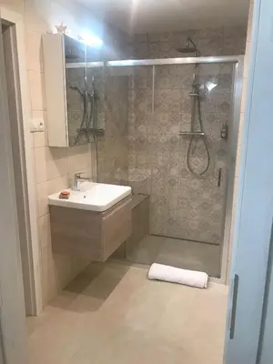 a bathroom with a sink and a shower at Lovely And Freshly Renovated Apartment In Praha 10 in Prague