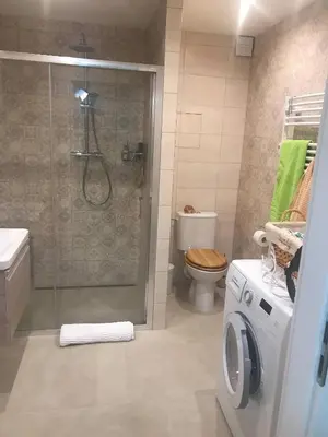 a bathroom with a shower and a washing machine at Lovely And Freshly Renovated Apartment In Praha 10 in Prague