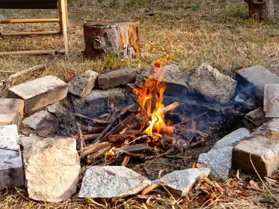 a fire pit with rocks and a tree stump at Slapy chata Županovice in Županovice