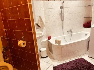 a bathroom with a tub and a toilet and a shower at TOP lokalita u Pražského hradu! in Prague