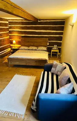 a bedroom with a bed and a couch in a room at Bezva relax Bezděz in Luka