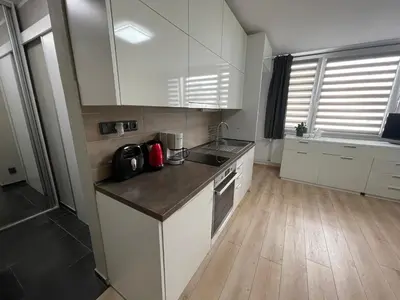 a kitchen with white cabinets and a wooden floor at Studio Prosek in Prague